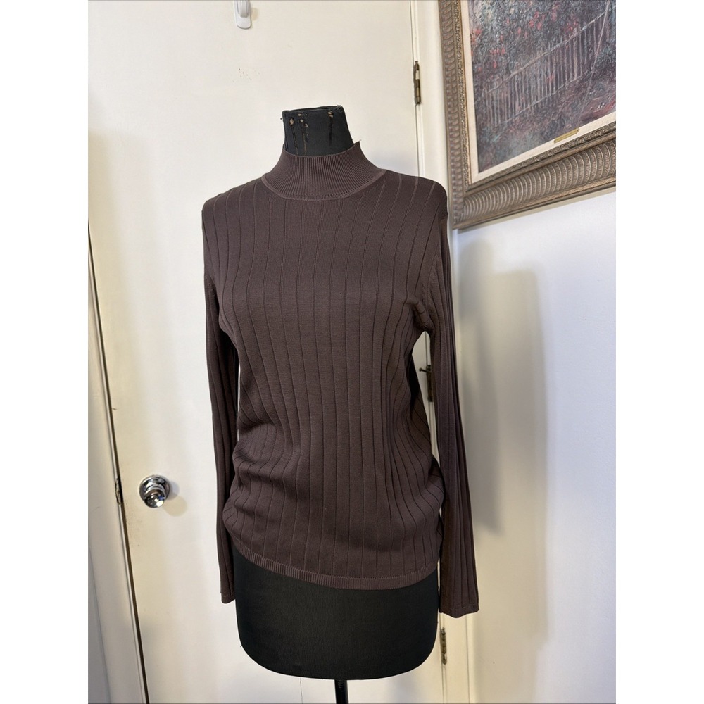 August Silk Women's Sz Large Thin Ribbed Sweater Brown 100% Silk Mock Neck